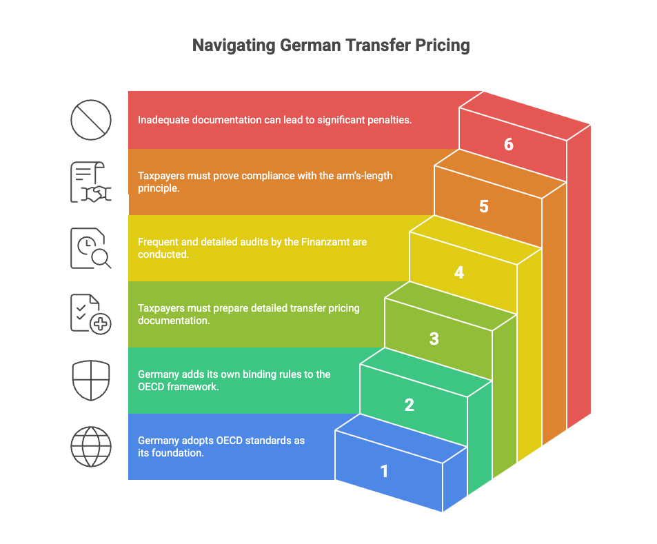 A colorful step chart illustrating six key aspects of German transfer pricing regulations. Step 1 (blue) states that Germany adopts OECD standards as its foundation. Step 2 (green) highlights that Germany adds its own binding rules to the OECD framework. Step 3 (teal) requires taxpayers to prepare detailed transfer pricing documentation. Step 4 (yellow) notes frequent and detailed audits by the Finanzamt. Step 5 (orange) specifies that taxpayers must prove compliance with the arm’s-length principle. Step 6 (red) warns that inadequate documentation can lead to significant penalties. Icons on the left visually represent each step.