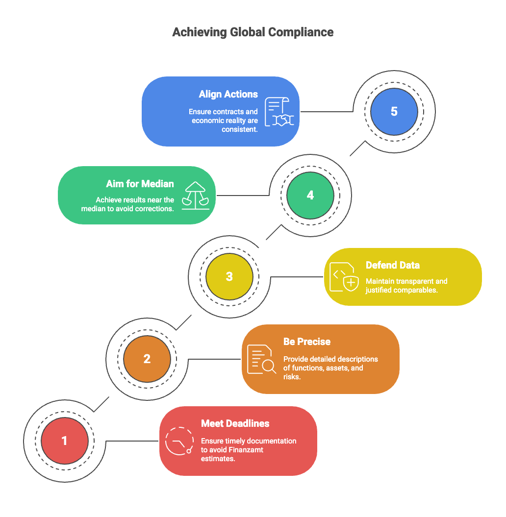 A step-by-step infographic showing five principles for achieving global compliance in transfer pricing. Step 1 (red) is "Meet Deadlines," emphasizing timely documentation to avoid Finanzamt estimates. Step 2 (orange) is "Be Precise," requiring detailed descriptions of functions, assets, and risks. Step 3 (yellow) is "Defend Data," focusing on maintaining transparent and justified comparables. Step 4 (green) is "Aim for Median," advising results near the median to avoid corrections. Step 5 (blue) is "Align Actions," ensuring contracts and economic reality are consistent. The design uses connected circular markers and colorful blocks for clarity.