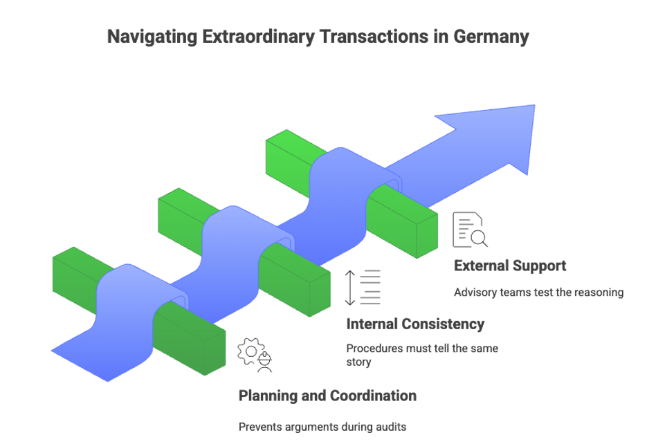 An infographic titled “Navigating Extraordinary Transactions in Germany” showing a blue upward arrow moving across green blocks in a step-like path. Along the path are three labeled elements: “Planning and Coordination” (prevents arguments during audits), “Internal Consistency” (procedures must tell the same story), and “External Support” (advisory teams test the reasoning).