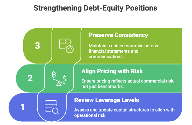 Horizontal three-step infographic titled “Strengthening Debt-Equity Positions.” Step 1 (blue) shows a spreadsheet and magnifying glass icon with the text “Review Leverage Levels,” emphasizing assessing and updating capital structures to align with operational risk. Step 2 (green) features a balance scale icon with “Align Pricing with Risk,” highlighting the need for pricing to reflect actual commercial risk rather than benchmarks. Step 3 (light green) includes connected shapes and a smiley face icon with “Preserve Consistency,” focusing on maintaining a unified narrative across financial statements and communications.