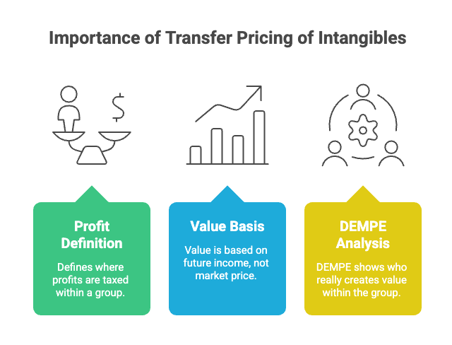 Infographic titled "Importance of Transfer Pricing of Intangibles" featuring three key concepts. The first section, "Profit Definition," explains that it defines where profits are taxed within a group and is illustrated with a balance scale and dollar sign. The second, "Value Basis," states that value is based on future income, not market price, with a bar chart and upward trend icon. The third, "DEMPE Analysis," explains that DEMPE identifies who really creates value within the group and is represented by a gear surrounded by people. Each concept is displayed in a colored box—green, blue, and yellow—beneath its corresponding icon.