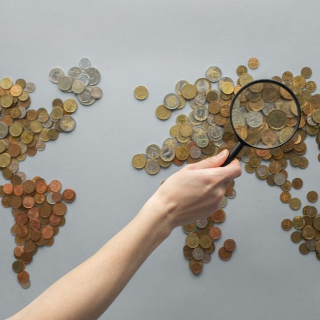 A collection of mixed coins arranged to resemble a world map on a gray surface, with a hand holding a magnifying glass over Europe and Asia, symbolizing global finance, economic analysis, or international markets.