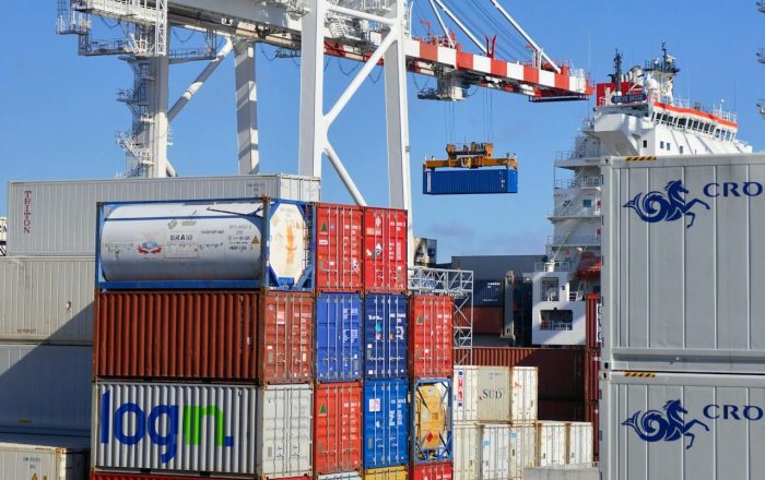 Containers loaded onto a boat